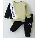 Pepito Fleece Knit Full Sleeves Winter Wear Set With Text Print & Cut & Sew Design - Olive Green & Black