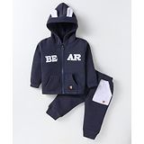 Pepito Fleece Knit Full Sleeves Winter Wear Hooded T-Shirt & Joggers Set  with Text Print - Navy Blue