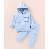 Pepito Fleece Knit Full Sleeves Solid Hooded Winter Wear Co-Ord Set With Cut & Sew Design - Sky Blue