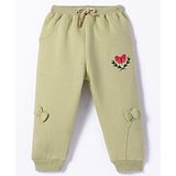 Pepito Knit Full Length Butterfly Embroidered Fleece & Woollen Bottom With Bow Applique - Olive Green