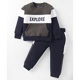 Pepito Fleece Knit Full Sleeves Winter Wear T-Shirt & Lounge Pant Set With Text Print & Kangaroo Pocket - Navy Blue