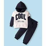 Pepito Fleece Knit Full Doctor Sleeves Winter Wear Hooded Sweatshirt & Lounge Pant Set With Text Print - White & Navy Blue