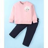 Pepito Fleece Knit Full Sleeves Winter Wear Suit with Puffed Floral Print - Pink