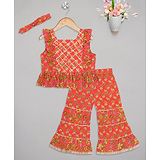 Budding Bees Sleeveless Frill Detailed Bandhani Designed Top With Coordinating Lace Embellished Sharara & Headband - Orange