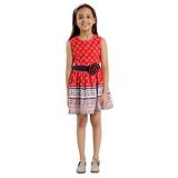 Kids Cave Sleeveless Nautical Theme Printed Dress With Floral Applique Waist Belt - Red