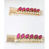 Angel Creations Set Of 2 Kundan Detailed Alligator Clips - Dark Pink