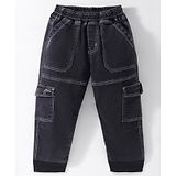 Little Kangaroos Cotton Full Length Denim Jeans with Cargo Pockets Solid Colour - Black