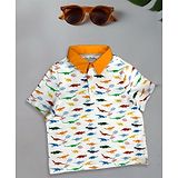 One Friday Cotton Half Sleeves Dinosaur Printed Polo T-Shirt - Off White