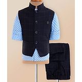 Noddy Full Sleeves Diamond Motif Printed Shirt With Checked Blazer & Pant Set - Light & Navy Blue