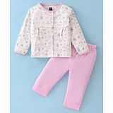 Pepito Interlock Knit Full Sleeves Front Open T-Shirt & Leggings Set With Bow & Cute Bunny Print - Pink