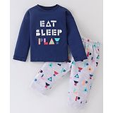 Pepito Interlock Knit Full Sleeves T-Shirt & Lounge Pants Set With Text & Geometrical Shapes Print - Navy & Grey