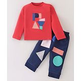 Pepito Interlock Knit Full Sleeves T-Shirt & Lounge Pants Set With Geometrical Shapes Print - Tomato Red & Navy