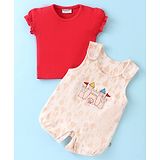 Wonderchild Half Sleeves Solid Top With Castle Embroidered & Leaves Printed Romper - Red & Skin