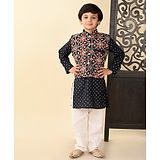 Superminis Cotton Full Sleeves Printed Kurta With Ajrakh Printed Jacket And Pyjama Set - Black