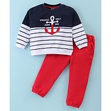 ToffyHouse 100% Cotton Knit Full Sleeves Striped T-Shirt & Lounge Pants Set With Nautical Theme Print - Navy White & Red