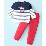 ToffyHouse 100% Cotton Knit Full Sleeves Striped T-Shirt & Lounge Pants Set With Nautical Theme Print - Navy White & Red