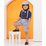 AJ Dezines Half Sleeves Solid Shirt With Checked Coordinating Shorts Suspenders Cap & Bow Set - Grey