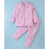 Little Darlings Interlock Knit Full Sleeves Night Suit With Floral Print - Pink