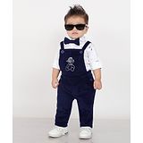 BAD Boys Full Sleeves Rock Text Printed Shirt With Dungaree & Bow - Navy Blue