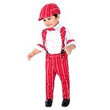 BAD BOYS Full Sleeves Cup Cake Printed Shirt With Striped Pant Suspender Bow & Cap - Red