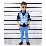 BAD BOYS Full Sleeves Solid Shirt With Checked Waiscoat Solid Pant & Bow - Blue