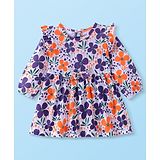 Doodle Poodle Cotton Single Jersey Full Sleeves Frock with Floral Print - White Blue & Orange