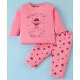 Tango Single Jersey Knit Full Sleeves T-Shirt & Lounge Pants Set With UFO Print - Pink