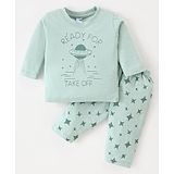 Tango Single Jersey Knit Full Sleeves T-Shirt & Lounge Pants Set With UFO Print - Light Green