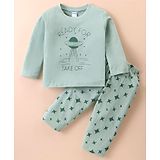 Tango Single Jersey Knit Full Sleeves T-Shirt & Lounge Pants Set With UFO Print - Sea Green