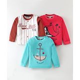 Mini Donuts Cotton Sinker Knit Full Sleeves T-Shirt With Nautical Theme Print Pack of 3 - White Red & Blue