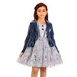 Cutecumber Stars Foil Printed Dress With  Full Sleeves Velvet Shrug - Grey