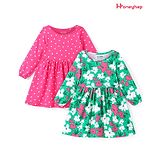 Honeyhap Premium 100% Cotton Knit Full Sleeves Floral & Polka Dots Printed Bio Finished Frocks Pack of 2 - Fandango Pink & Mint