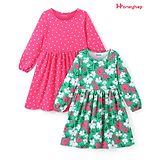 Honeyhap Premium 100% Cotton Knit Full Sleeves Floral & Polka Dots Printed Bio Finished Frocks Pack of 2 - Fandango Pink & Mint