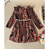 Bella Moda Full Sleeves Abstract Printed Dress - Brown