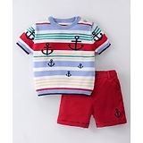 ToffyHouse 100% Knitted Cotton Half Sleeves Striped T-Shirt & Shorts Set With Nautical Theme Print - Red & Sky Blue