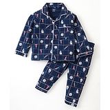 CUCUMBER Sinker Knit Full Sleeves Shirt Style Night Suit with Nautical Print - Navy Blue