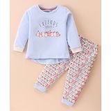 Cucumber Sinker Knit Full Sleeves Top & Lounge Pants Set With Kittens Print - Light Blue