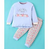 Cucumber Sinker Knit Full Sleeves Top & Lounge Pants Set With Kittens Print - Light Blue