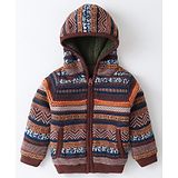 Yellow Apple Knitted Full Sleeves Hooded Sweatshirt with Aztec Design - Brown