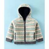 Yellow Apple Full Sleeves Striped Hooded Sweatjacket - Beige