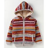 Yellow Apple Wool Full Sleeves Striped Hooded Sweater with Pocket Detailing - Dark Red