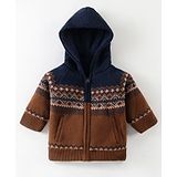 Yellow Apple Full Sleeves Hooded Sweatjacket With Aztec Design - Brown