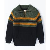 Yellow Apple Knitted Full Raglan Sleeves Striped Collared Pullover Sweater - Black