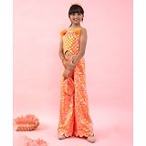 Kirti Agarwal Pret N Couture Sleeveless Orange Check Print Jumpsuit With Stylish Flowers On Top For Female - Orange And Pink