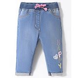 Little Kangaroos Cotton Knit Full Length  Denim Washed Jeans with Text Embroidery - Light Blue