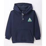 Little Kangaroos Cotton Fleece Knit Full Sleeves Drop Shoulder Hooded Sweatshirt with Patch Detailing & Kangaroo Pockets - Navy Blue