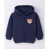 Little Kangaroos Fleece Knit Full Sleeves Front Open Hooded Sweatjacket with Bear Embroidery & Quilted Design - Navy Blue