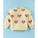 Yellow Apple Knitted Full Sleeves Pullover Sweater With Hearts Design - Light Yellow