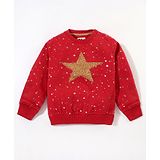 Yellow Apple Knitted Full Sleeves Pullover Sweater with Gold Foil Star Design - Red