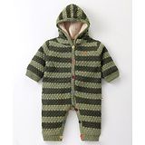 Yellow Apple Full Sleeves Winter Wear Hooded Romper with Stripes & Cable Knit Design - Olive Green